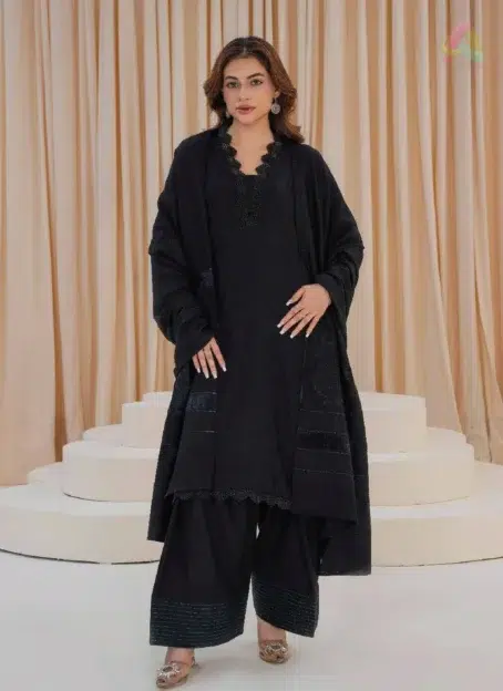 Libaas by Mahay Vol 2 ART-01 fancy zari jacquard shirt, velvet jacquard shawl, plain trouser, premium women’s 3-piece suit.