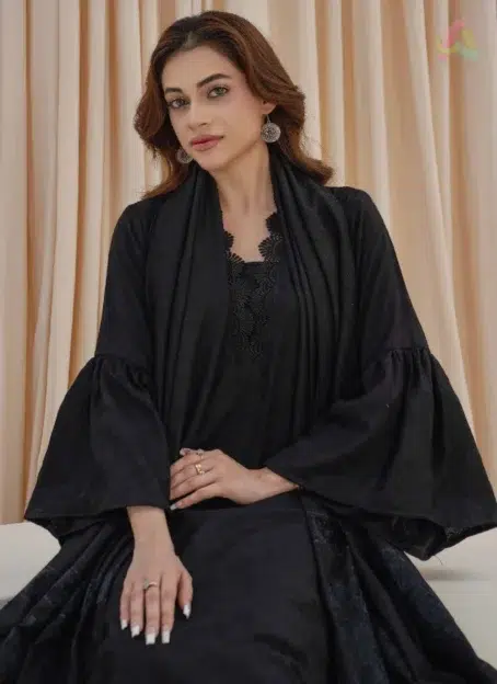 Libaas by Mahay Vol 2 ART-01 showcasing fancy zari jacquard fabric details, velvet jacquard shawl, luxury women’s clothing 2025.