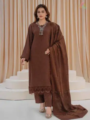 Libaas by Mahay Vol 2 ART-02 fancy zari jacquard shirt, velvet jacquard shawl, plain trouser, elegant 3-piece suit from Mahay collection 2025.