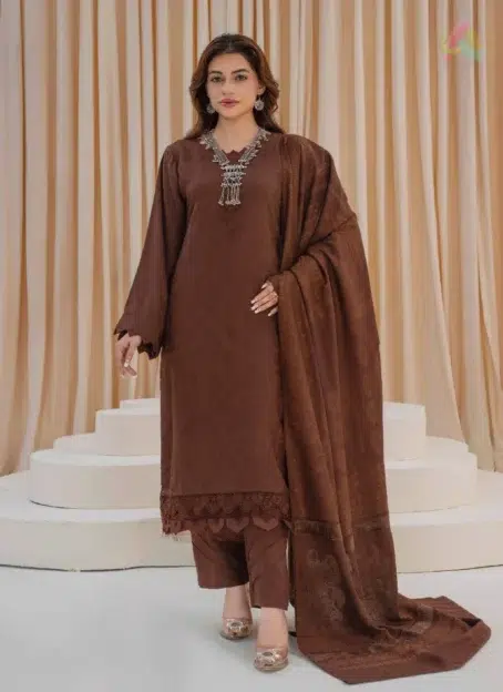 Libaas by Mahay Vol 2 ART-02 fancy zari jacquard shirt, velvet jacquard shawl, plain trouser, elegant 3-piece suit from Mahay collection 2025.