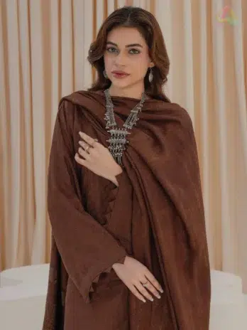 Libaas by Mahay Vol 2 ART-02 showcasing detailed zari jacquard fabric, velvet jacquard shawl, plain trouser, premium outfit from Mahay clothing line.