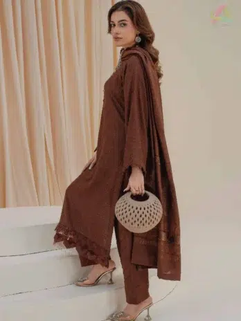 Libaas by Mahay Vol 2 ART-02 complete 3-piece women’s outfit with zari jacquard shirt, velvet jacquard shawl, plain trouser, Mahay new collection 2025.