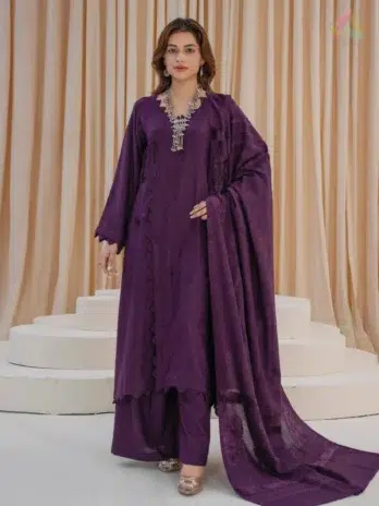 Front view of Libaas by Mahay Vol 2 ART-03 velvet 3-piece suit with zarri jacquard shirt, velvet shawl, and plain trouser.