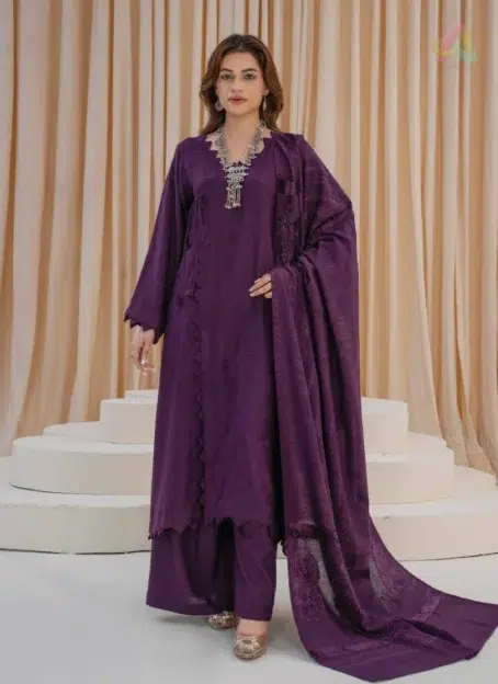 Front view of Libaas by Mahay Vol 2 ART-03 velvet 3-piece suit with zarri jacquard shirt, velvet shawl, and plain trouser.