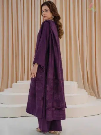 Back view of Libaas by Mahay Vol 2 ART-03 elegant velvet jacquard 3-piece dress designed by Mahay, showcasing festive wear details.