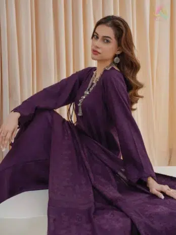 Close-up of Libaas by Mahay Vol 2 ART-03 zarri jacquard shirt fabric and velvet jacquard shawl, highlighting texture and craftsmanship.