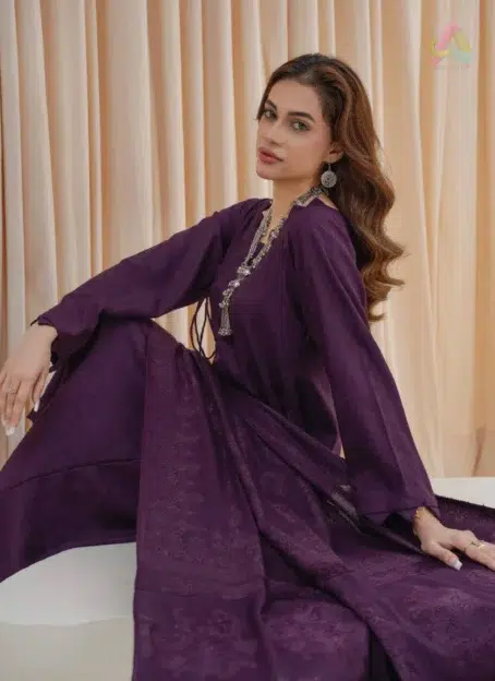 Close-up of Libaas by Mahay Vol 2 ART-03 zarri jacquard shirt fabric and velvet jacquard shawl, highlighting texture and craftsmanship.