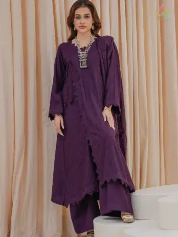 Full outfit of Libaas by Mahay Vol 2 ART-03 velvet 3-piece suit with shirt, shawl, and trouser styled for festive and formal occasions.