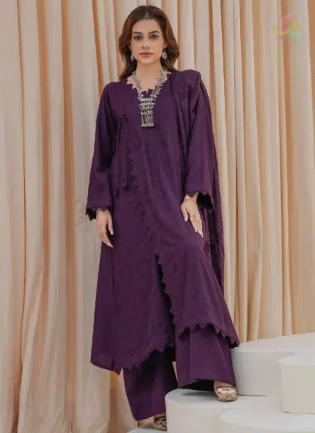 Full outfit of Libaas by Mahay Vol 2 ART-03 velvet 3-piece suit with shirt, shawl, and trouser styled for festive and formal occasions.