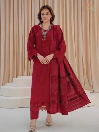 Front view of Libaas by Mahay Vol 2 ART-04 velvet 3-piece suit with zarri jacquard shirt, velvet jacquard shawl, and plain trouser.