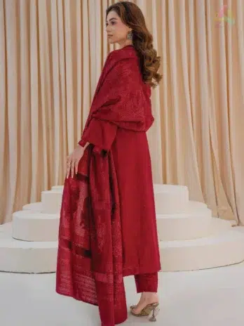 Back view of Libaas by Mahay Vol 2 ART-04 velvet jacquard 3-piece suit by Mahay, showcasing fabric design, cut, and festive style.