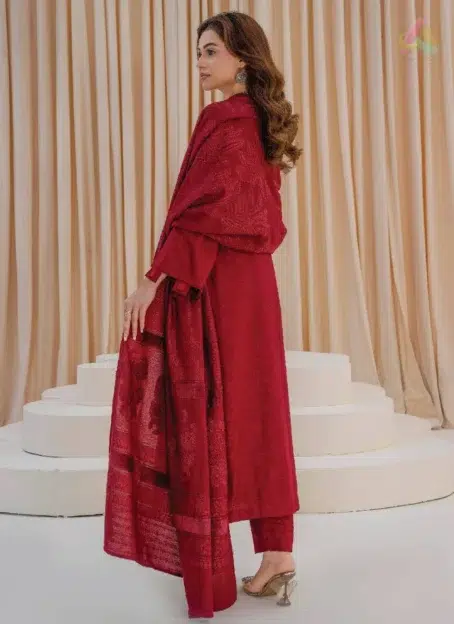 Back view of Libaas by Mahay Vol 2 ART-04 velvet jacquard 3-piece suit by Mahay, showcasing fabric design, cut, and festive style.