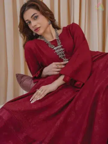 Close-up of Libaas by Mahay Vol 2 ART-04 zarri jacquard shirt fabric with velvet jacquard shawl, showing texture and fine detailing.