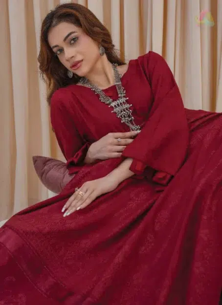 Close-up of Libaas by Mahay Vol 2 ART-04 zarri jacquard shirt fabric with velvet jacquard shawl, showing texture and fine detailing.