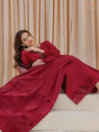 Full outfit of Libaas by Mahay Vol 2 ART-04 velvet 3-piece suit styled with shirt, shawl, and trouser for festive and formal occasions.