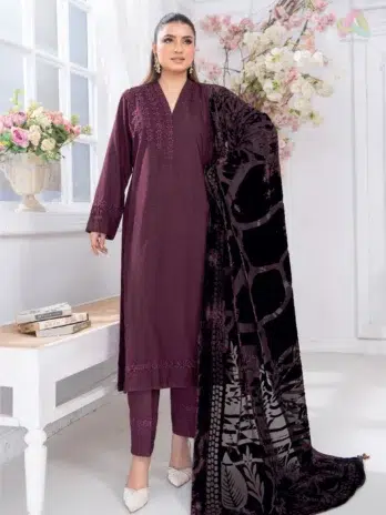 Front view of Pahali by Riaz Arts D-01 featuring luxury Dhanak Zari Wool shirt, velvet cutwork shawl, and plain trouser in elegant winter style.
