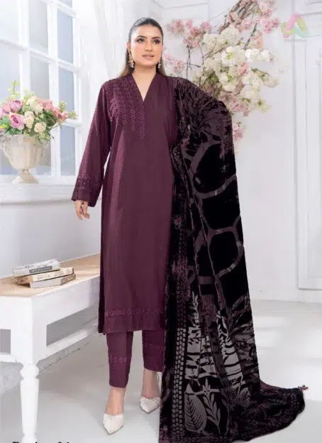 Front view of Pahali by Riaz Arts D-01 featuring luxury Dhanak Zari Wool shirt, velvet cutwork shawl, and plain trouser in elegant winter style.