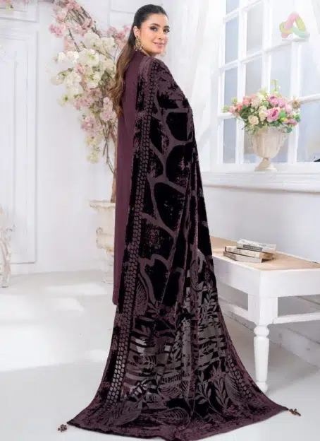 Back view of Pahali by Riaz Arts D-01 highlighting detailed embroidery on Dhanak Zari Wool shirt with velvet cutwork shawl and plain trouser.