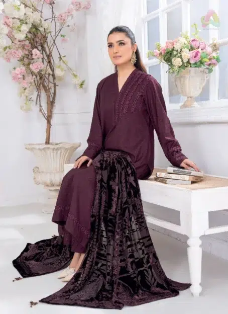Close view of Pahali by Riaz Arts D-01 showcasing rich fabric texture of Dhanak Zari Wool shirt with velvet cutwork shawl and plain trouser.