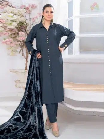 Front view of Pahali by Riaz Arts D-02 showcasing luxury Dhanak Zari Wool shirt, velvet cutwork shawl, and plain trouser in elegant winter fashion.