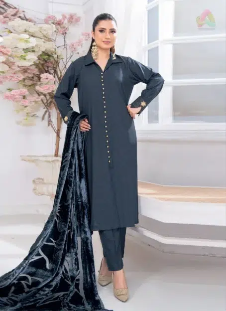 Front view of Pahali by Riaz Arts D-02 showcasing luxury Dhanak Zari Wool shirt, velvet cutwork shawl, and plain trouser in elegant winter fashion.