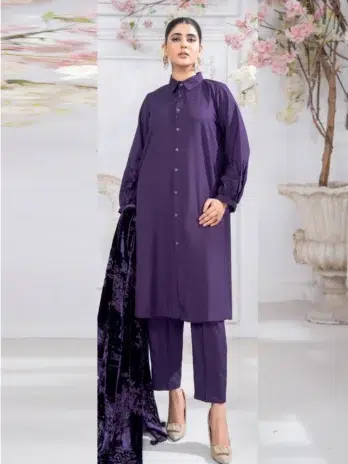 Pahali by Riaz Arts D-04 front design showcasing luxury Dhanak Zari Wool Shirt with Velvet Cutwork Shawl and elegant plain trouser.