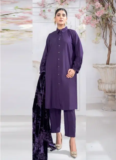 Pahali by Riaz Arts D-04 front design showcasing luxury Dhanak Zari Wool Shirt with Velvet Cutwork Shawl and elegant plain trouser.