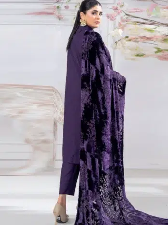 Pahali by Riaz Arts D-04 back design featuring premium Dhanak fabric with fine detailing, paired with plain trouser and velvet shawl.