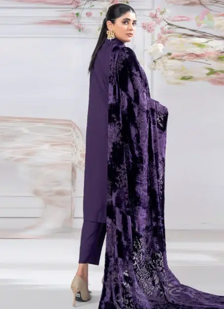 Pahali by Riaz Arts D-04 back design featuring premium Dhanak fabric with fine detailing, paired with plain trouser and velvet shawl.