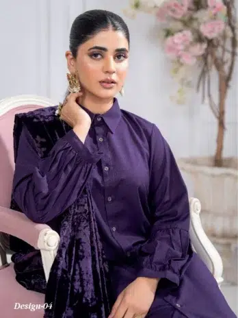 Pahali by Riaz Arts D-04 close-up highlighting embroidered Dhanak Zari Wool Shirt fabric texture with velvet cutwork shawl details.