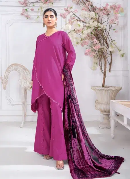 Pahali by Riaz Arts D-05 front design featuring Dhanak Zari Wool Shirt, Velvet Cutwork Shawl, and Plain Trouser in luxury winter style.