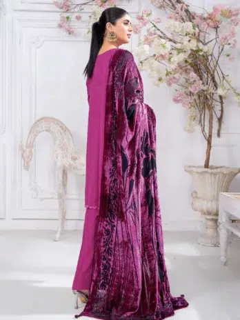 Pahali by Riaz Arts D-05 back view showing premium Dhanak fabric embroidery with Velvet Shawl and Plain Trouser for a complete winter outfit.