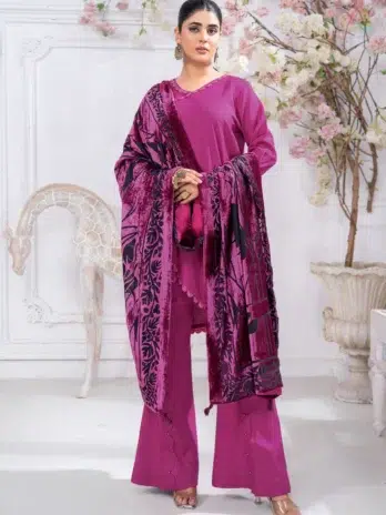 Pahali by Riaz Arts D-05 full 3-piece luxury winter ensemble including Dhanak Zari Wool Shirt, Velvet Shawl, and Plain Trouser.