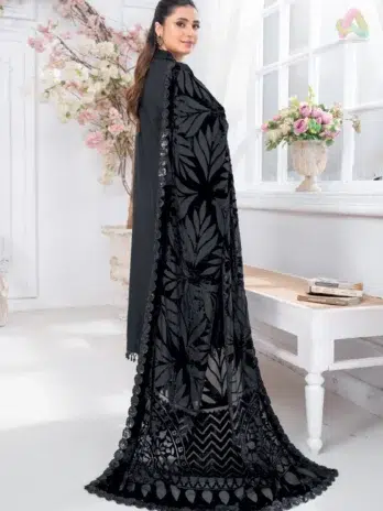 Pahali by Riaz Arts D-06 back design showing embroidered Dhanak Zari Wool Shirt with Velvet Cutwork Shawl and Plain Trouser for winter fashion.