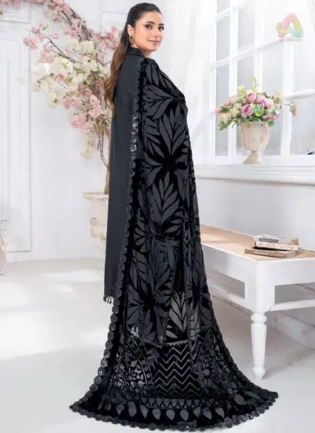 Pahali by Riaz Arts D-06 back design showing embroidered Dhanak Zari Wool Shirt with Velvet Cutwork Shawl and Plain Trouser for winter fashion.