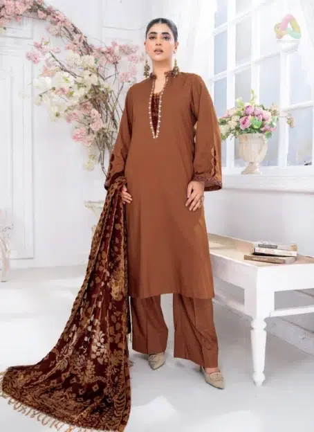 Pahali by Riaz Arts D-07 front design showing Dhanak Zari Wool Shirt with Velvet Cutwork Shawl and Plain Trouser for luxury winter fashion.