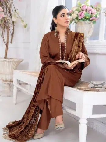 Pahali by Riaz Arts D-07 complete 3-piece suit with embroidered Dhanak Zari Wool Shirt, Velvet Cutwork Shawl, and Plain Trouser in luxury winter series.