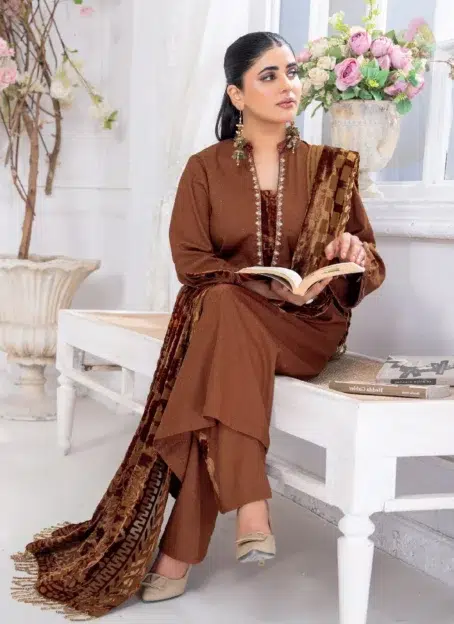 Pahali by Riaz Arts D-07 complete 3-piece suit with embroidered Dhanak Zari Wool Shirt, Velvet Cutwork Shawl, and Plain Trouser in luxury winter series.