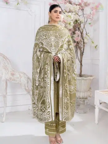 Pahali by Riaz Arts D-08 front design with embroidered Dhanak Zari Wool Shirt, Velvet Cutwork Shawl, and Plain Trouser in luxury winter fashion.