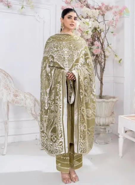 Pahali by Riaz Arts D-08 front design with embroidered Dhanak Zari Wool Shirt, Velvet Cutwork Shawl, and Plain Trouser in luxury winter fashion.