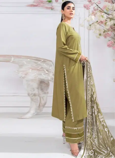 Pahali by Riaz Arts D-08 back view featuring detailed embroidered Dhanak Zari Wool Shirt, Velvet Shawl, and Plain Trouser from Riaz Arts Dhanak Collection.