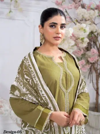 Pahali by Riaz Arts D-08 close-up embroidery detail on Dhanak Zari Wool Shirt with Velvet Cutwork Shawl from Riaz Arts New Collection 2025.