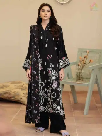 Tazeen by Johra JW-169 front design featuring embroidered staple slub shirt with printed detailing, styled with printed shawl and plain trouser.