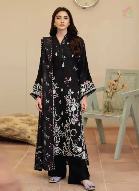 Tazeen by Johra JW-169 front design featuring embroidered staple slub shirt with printed detailing, styled with printed shawl and plain trouser.