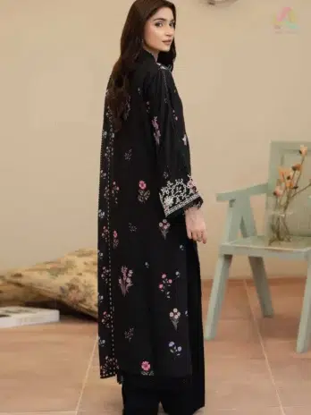 Back view of Tazeen by Johra JW-169 showing fine embroidery and prints on staple slub shirt, paired with shawl and trouser from Johra Collection.
