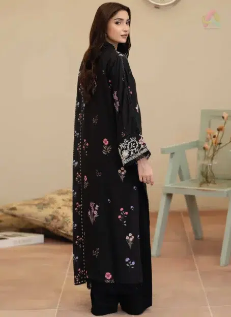 Back view of Tazeen by Johra JW-169 showing fine embroidery and prints on staple slub shirt, paired with shawl and trouser from Johra Collection.