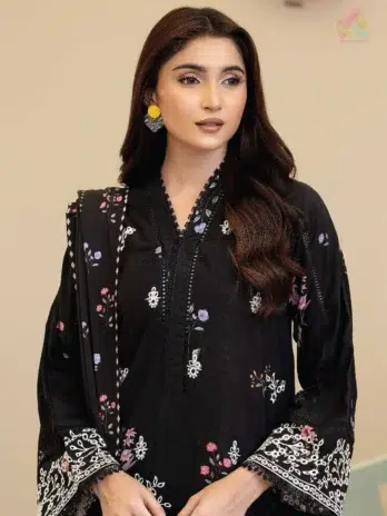 Close-up of Tazeen by Johra JW-169 highlighting embroidery details, staple slub fabric texture, and artistic prints from Johra Fabric Collection.