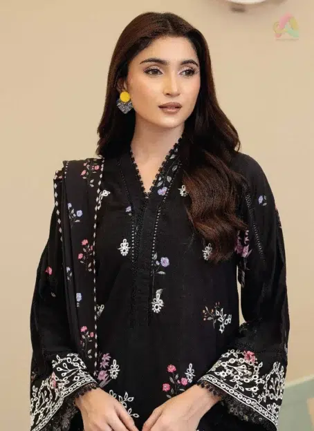 Close-up of Tazeen by Johra JW-169 highlighting embroidery details, staple slub fabric texture, and artistic prints from Johra Fabric Collection.