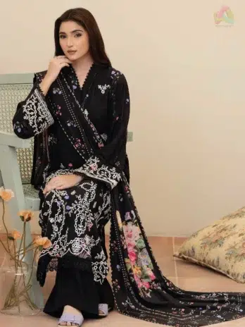 Full view of Tazeen by Johra JW-169, a staple slub 3-piece suit from Johra collection 2025, featuring embroidered shirt, printed shawl, and trouser.