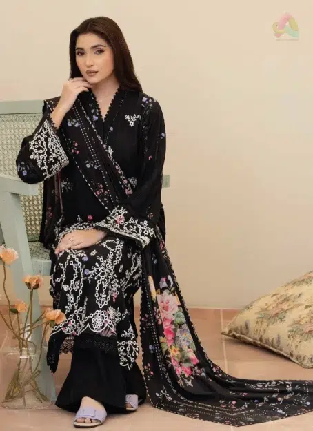 Full view of Tazeen by Johra JW-169, a staple slub 3-piece suit from Johra collection 2025, featuring embroidered shirt, printed shawl, and trouser.